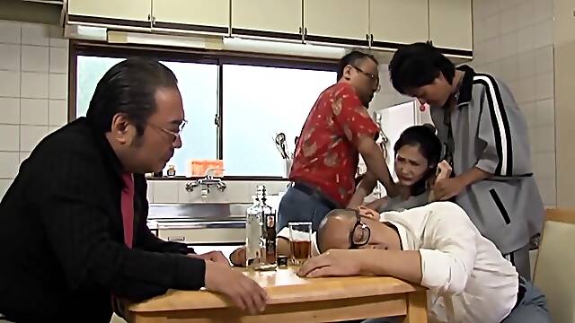 Cheating Oriental housewife banged hard by a group of guys