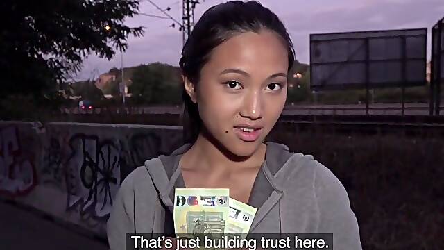 Asian reality whore POV fucked outdoor 4 cash after casting