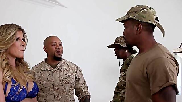 Three hard cocked military dudes join for a gangbang