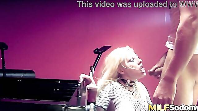 Big tits blonde MILF in fishnet pantyhose Michelle Thorne has him eat her muff and fuck her ass