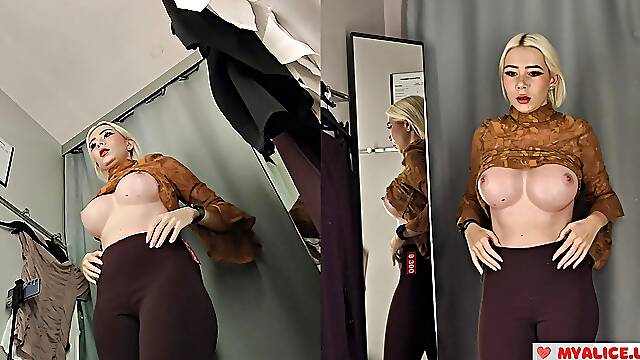 Blonde with Huge Tits Trying on Clothes in Mall. Milf Without Panties in Fitting Room