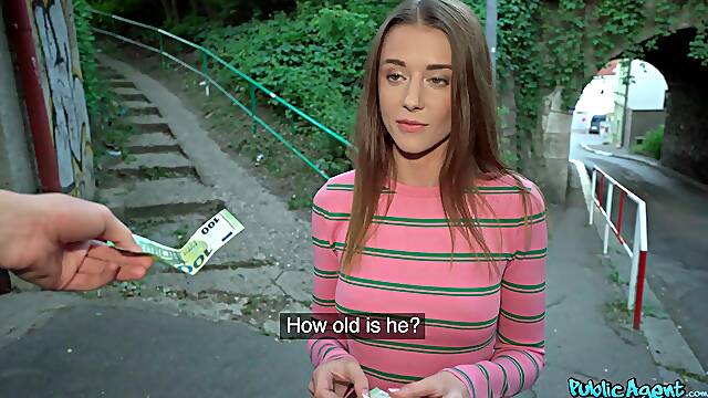 Naughty slut Sybil sucks and fucks with a stranger for money